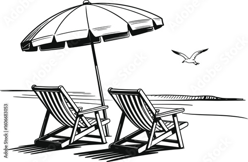 Beach chairs and umbrella on a sandy shore with a bird flying