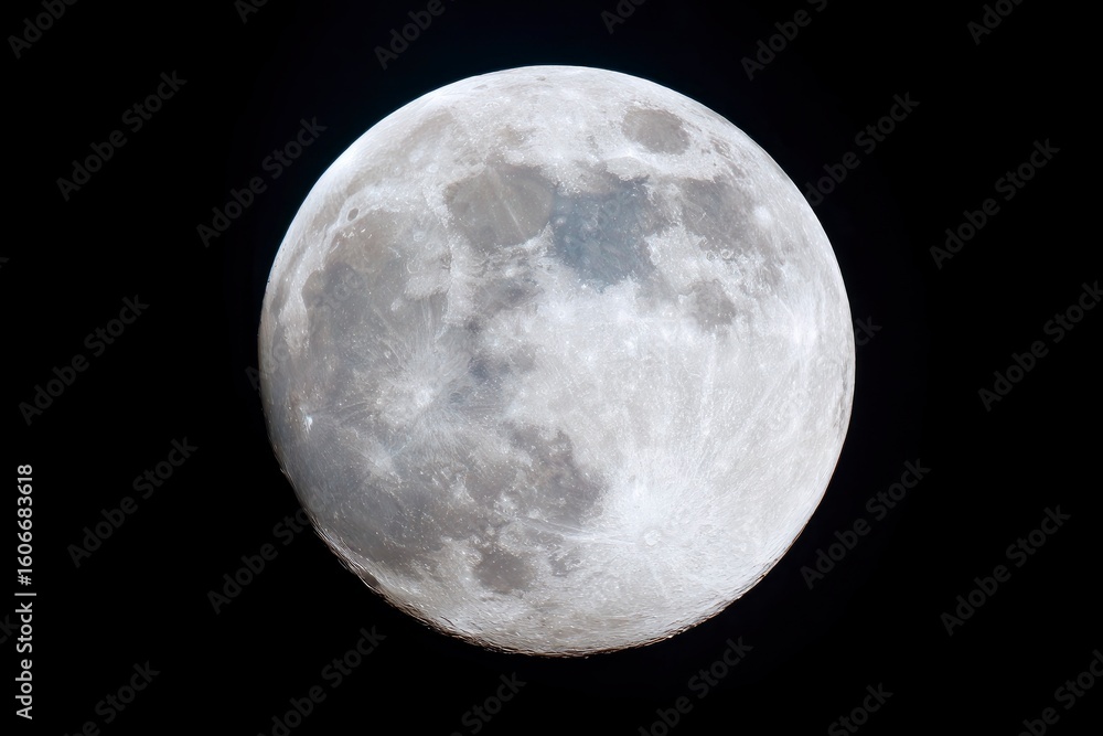 Fototapeta premium A full moon heavily cratered set against a stark black sky