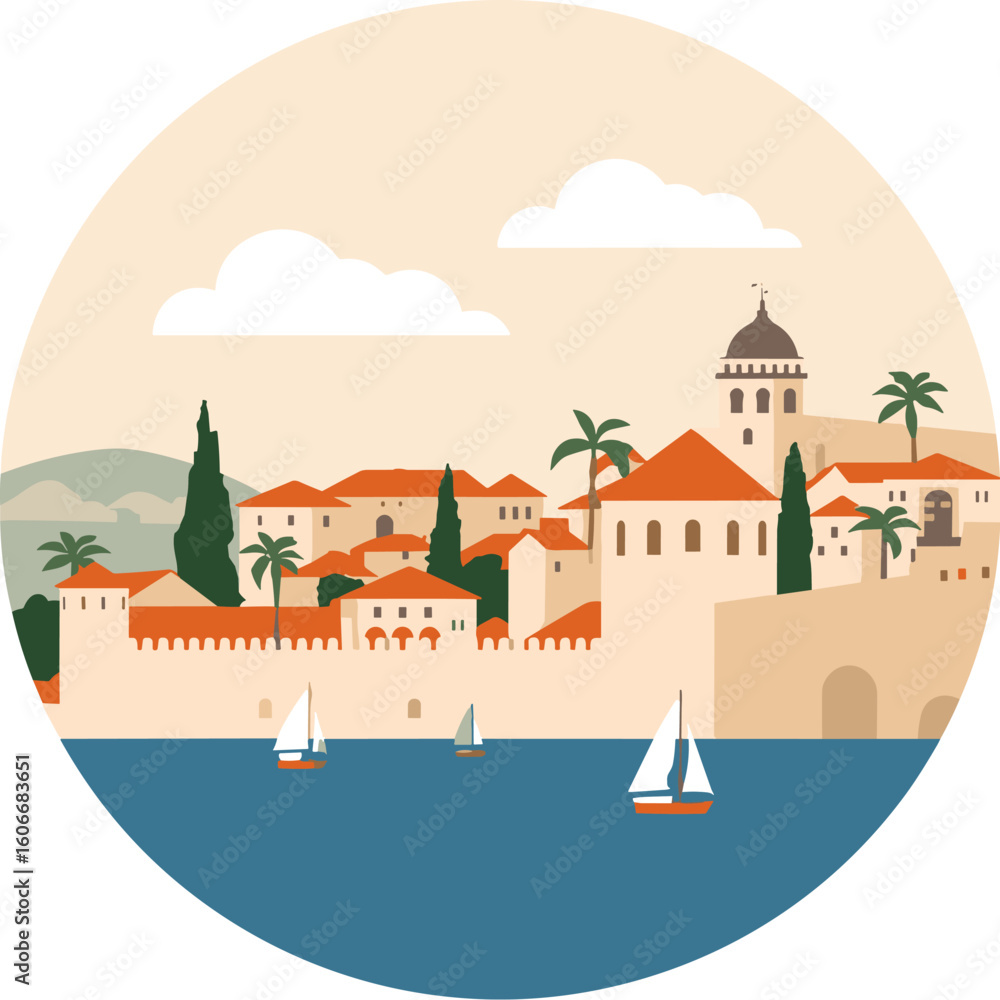 custom made wallpaper toronto digitalFlat vector of Dubrovnik with red roofs, palm trees, fortress walls and sailboats on calm sea under clouds