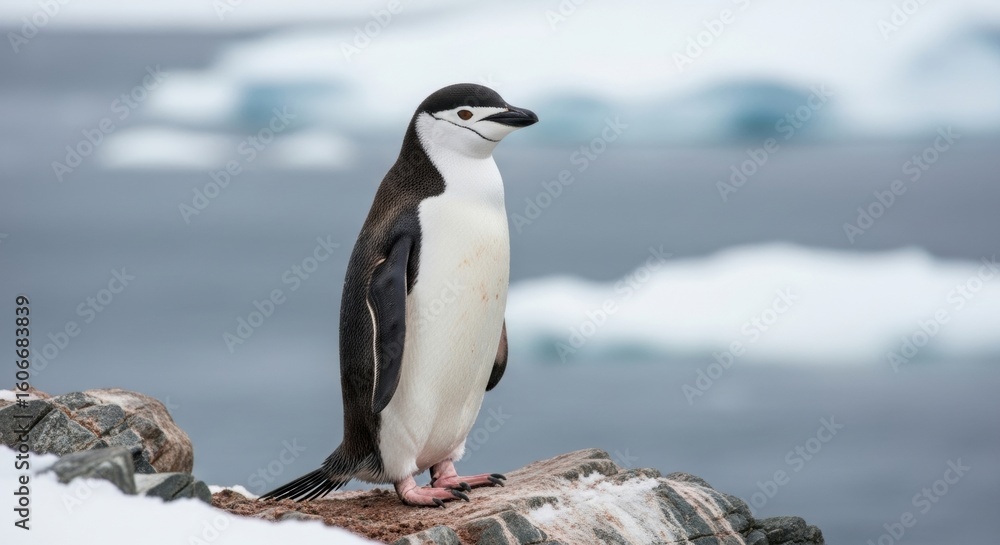 Obraz premium Chinstrap penguin on snowy rock in antarctica