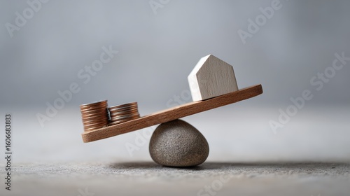Miniature house and stacked coins balancing on a wooden seesaw, symbolizing the delicate balance of real estate investment, mortgage payments, and housing expenses in the current market
