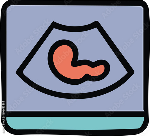 A stylized illustration of a medical ultrasound screen displaying a prenatal scan of a fetus.