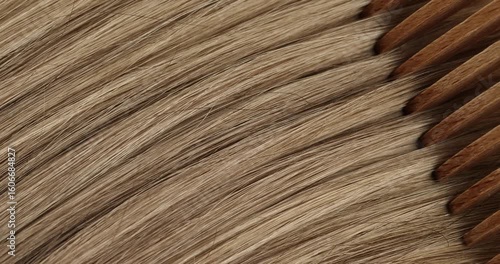 Hair is being combed with a wooden comb in a close-up video.