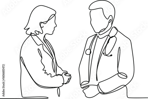 Doctor and patient in a medical consultation drawn in a continuous line style