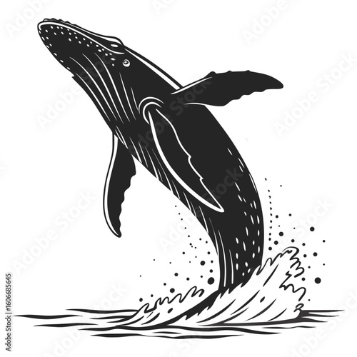 Majestic vector illustration of a humpback whale breaching from the ocean