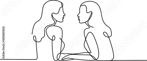 Two women facing each other in a minimalist line drawing style