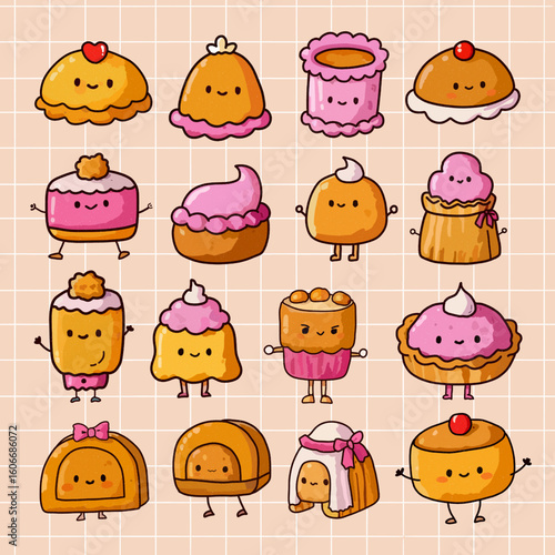 Cute Kawaii Dessert Characters Collection.