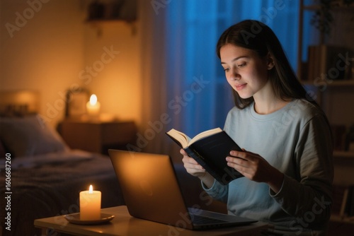 Young woman studying Bible online at night with laptop and candlelight, cozy room