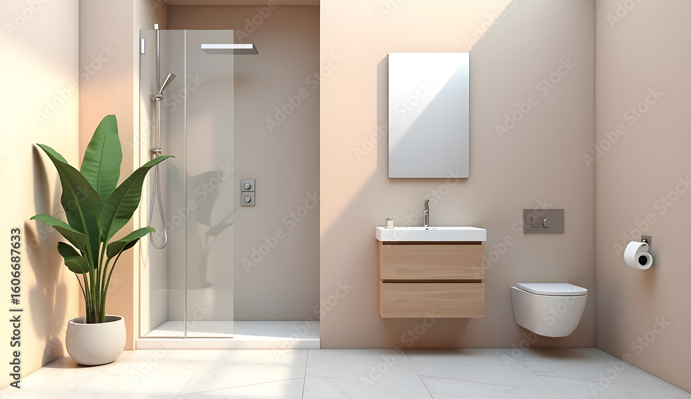 Fototapeta premium Compact Small Bathroom Layout with Neutral Colors