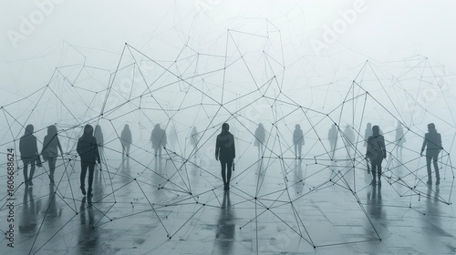 Silhouetted figures connected by a geometric network, shrouded in fog