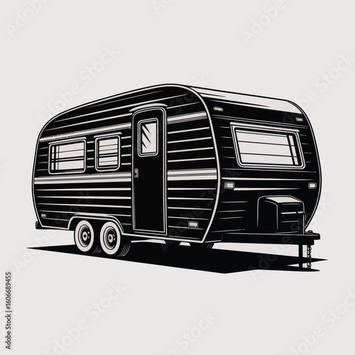 Vintage black and white illustration of a classic travel trailer