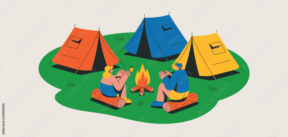 Fototapeta premium Campground scene with tents and campfire