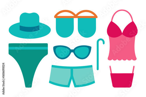 Flat lay of colorful beachwear and accessories for a summer vacation