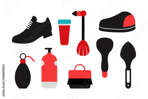 Collection of stylized black and red shoe care and cleaning tools