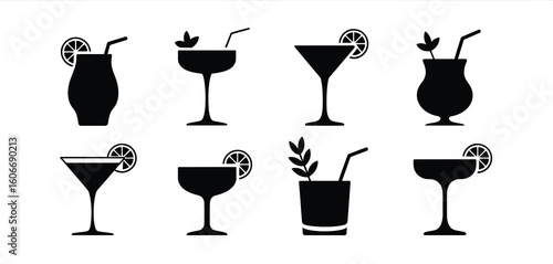 Collection of silhouetted cocktail glasses with garnishes