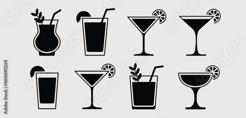 Collection of classic cocktail glass silhouettes with garnishes