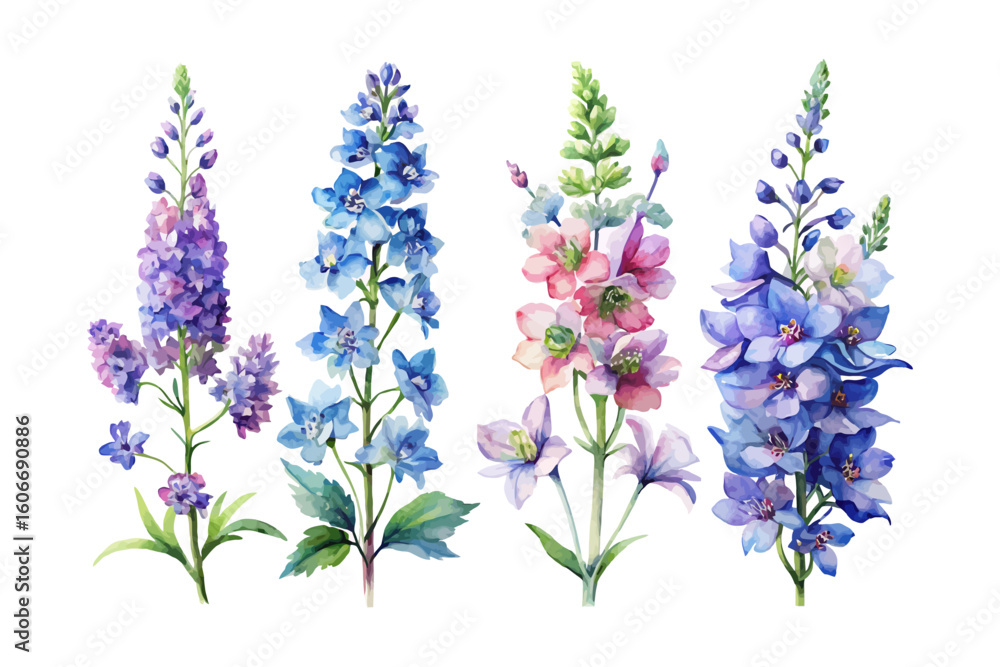 Naklejka premium set of watercolor Delphinium Branch vector illustration isolated on white background