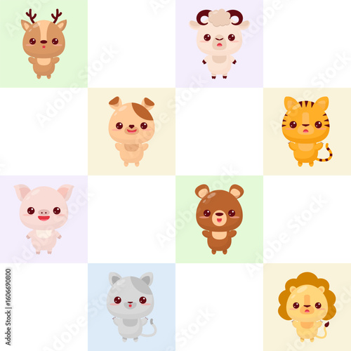 Seamless Pattern with cute animal illustrations: grey cat, yellow lion, dog, brown bear, sheep, tiger, rabbit,cow. It is ideal for decorating children's goods.