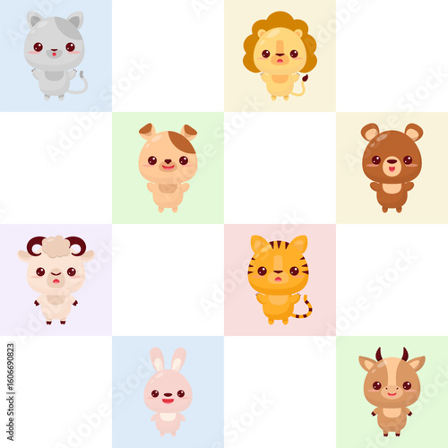 Seamless Pattern with cute animal illustrations: grey cat, yellow lion, dog, brown bear, sheep, tiger, rabbit,cow. It is ideal for decorating children's goods.