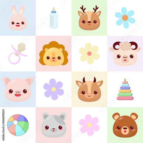 Seamless pattern with cute baby objects and animal faces:rabbit, bottle, deer, lion, sheep. Ideal for decorating children's goods and holidays.