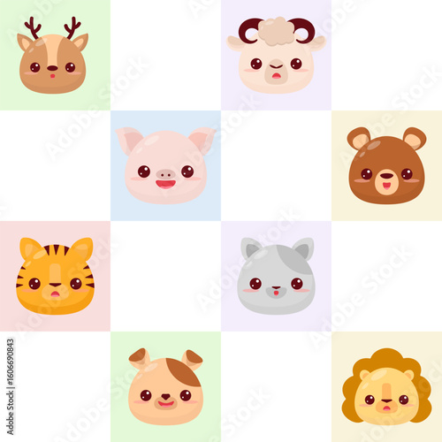 Seamless mesh pattern with cartoon animal faces on colored squares: deer, sheep, pig, bear, tiger, cat, dog and lion. It is ideal for children's goods and decoration.