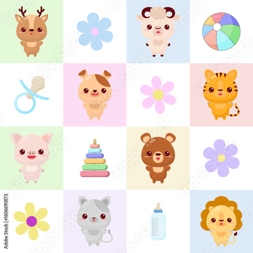 Seamless grid pattern with cartoon drawings of various animals:deer, sheep, pig, bear, cat, tiger lion, as well as toys on pastel backgrounds. Ideal for decorating children products exclusive designs.