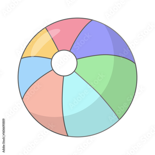 A colorful beach ball divided into sections of pastel colors: yellow, blue, pink, light blue, green and purple.