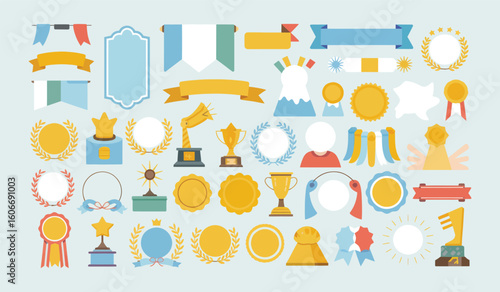 Collection of Awards Ribbons Medals Trophies and Banners for Competitions and Achievements