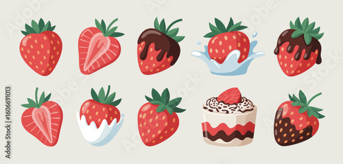 Assortment of delicious strawberries and strawberry desserts