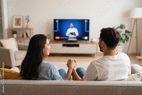 Young couple holding hands, watching sermon livestream on smart TV in living room
