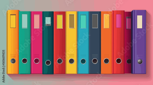 A colorful array of office ring binders are organized in a neat row, creating an organized visual. The arrangement gives a sense of order.