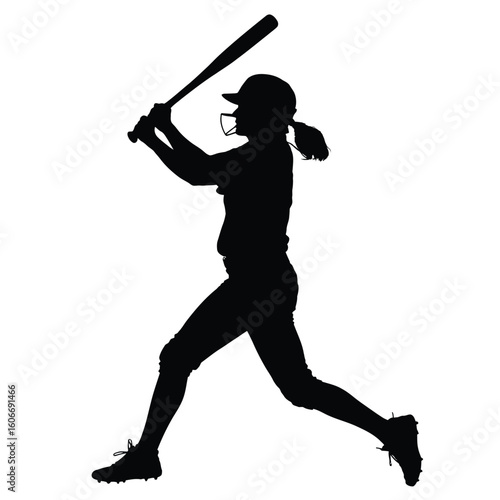 Silhouette of a female softball player swinging a bat