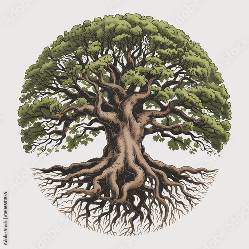 Magnificent ancient tree with exposed roots and lush green canopy