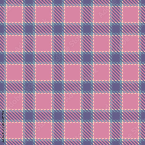 New fabric vector seamless, spanish pattern background texture. Present textile tartan plaid check in pink and indigo colors.