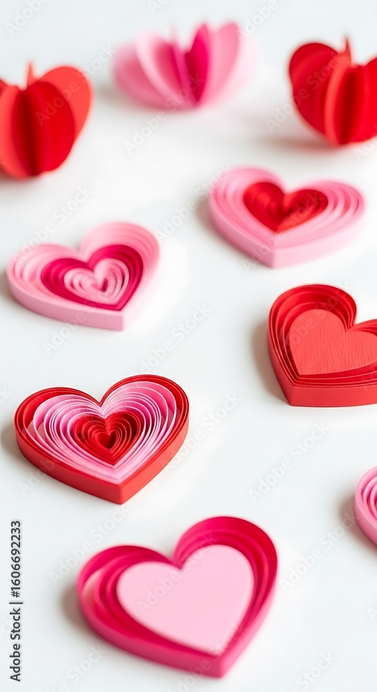 Fototapeta premium Multi-layered paper hearts in varying shades of red and pink.