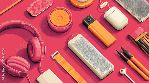 An arrangement of tech accessories including headphones, speakers, and portable hard drives, placed against a vibrant pink background.