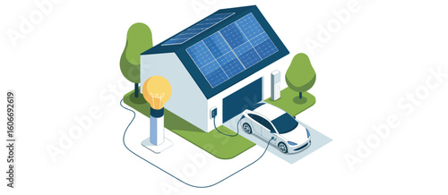 Eco friendly home with solar panels and electric car charging station