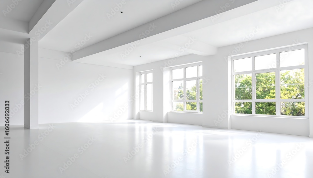 Fototapeta premium Empty modern white room with large windows