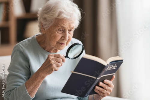 Elderly woman using magnifying glass to read online Bible on tablet