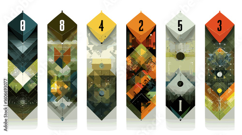 Abstract colorful patterned banners with the numbers 0, 8, 4, 2, 5, and 3 in the upper portion of the banner.