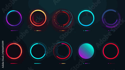 A series of circular UI elements, each with unique neon color schemes and designs, set against a dark background.