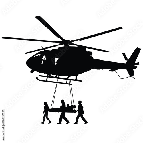 Helicopter rescue mission with medics transporting patient
