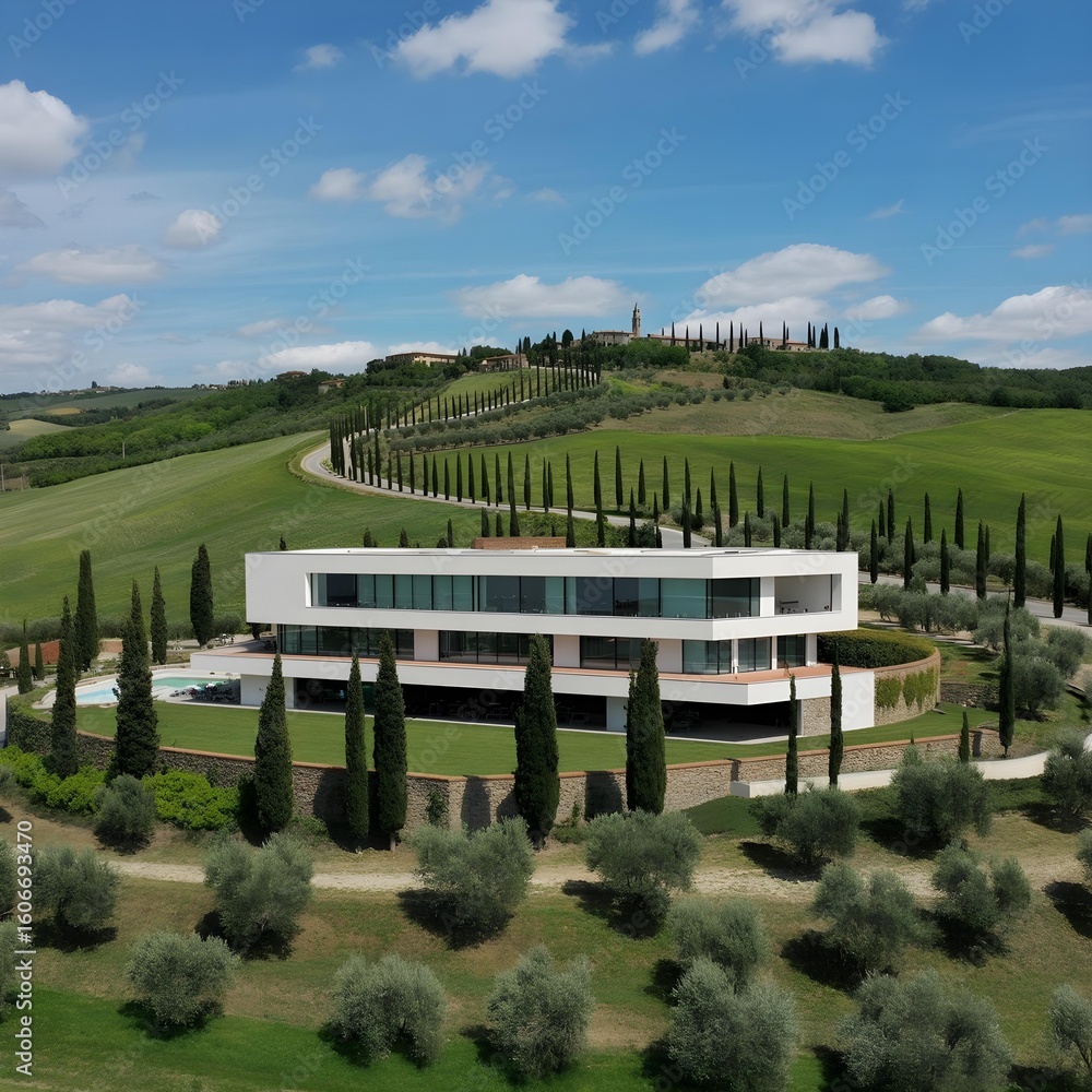 Fototapeta premium Aerial view of a modern white building with large glass windows on a lush green hillside in Tuscany, Italy, during a sunny summer afternoon.