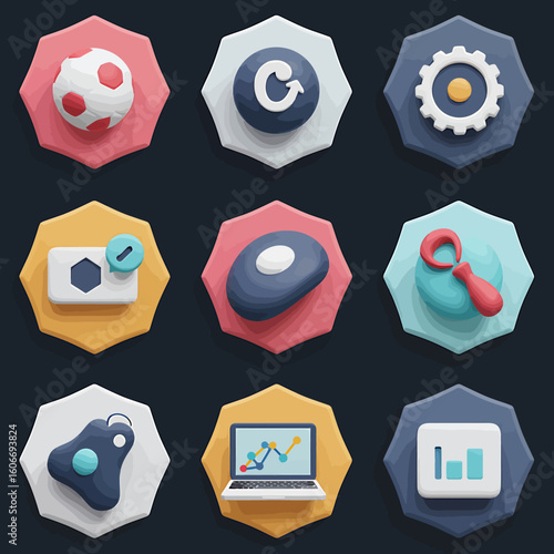 Collection of Colorful Cartoon Style Icons with Various Subjects on Hexagonal Bases