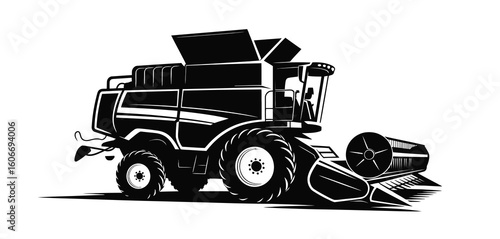 Black and white illustration of a modern combine harvester
