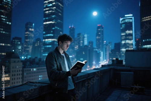 Busy city rooftop at night, person reading digital Bible in solitude