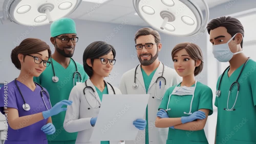 Animated Medical Team Reviewing Patient Data in Operating Room, Diverse ...