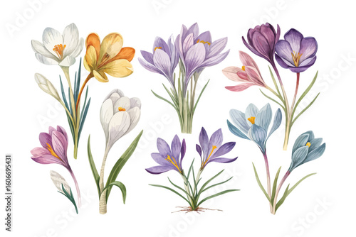set of watercolor Crocus Branch vector illustration isolated on white background