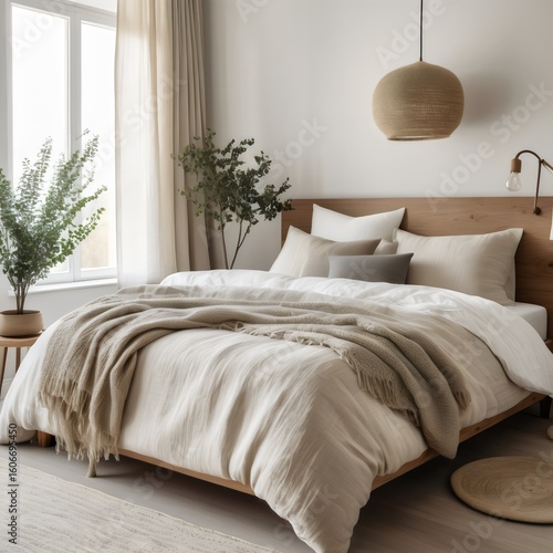 Cozy Japandi Style Bedroom with Natural Light and Linen Bedding