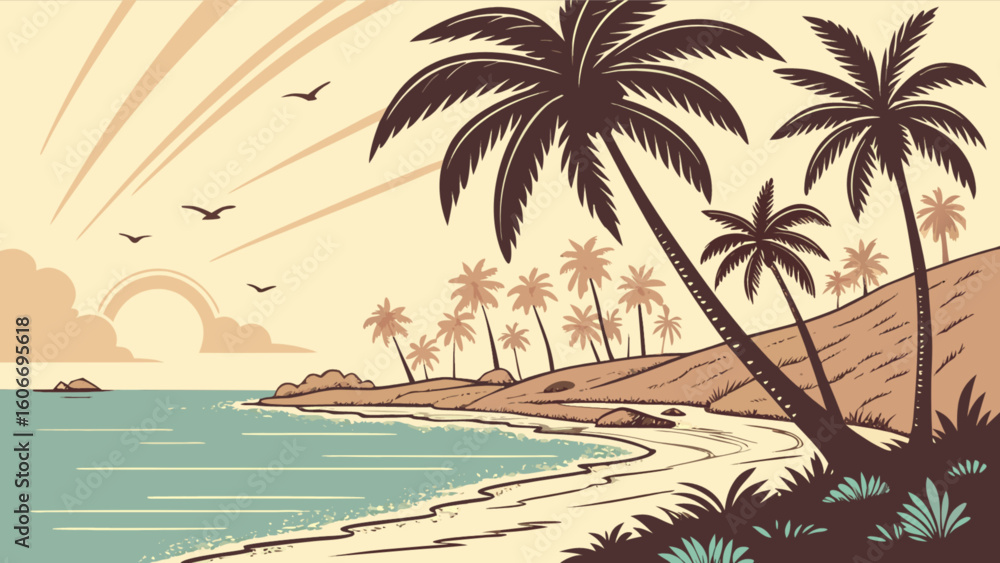 Fototapeta premium Retro tropical beach landscape with palm trees sunset and ocean view vector illustration for travel poster